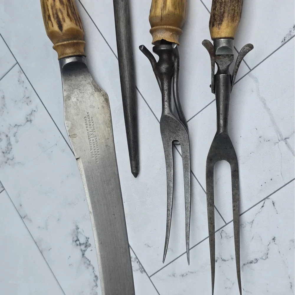 Antique Geo Wostenholm & Sons IXL Sheffield Stag Horn Handle 4pc Carving Set
